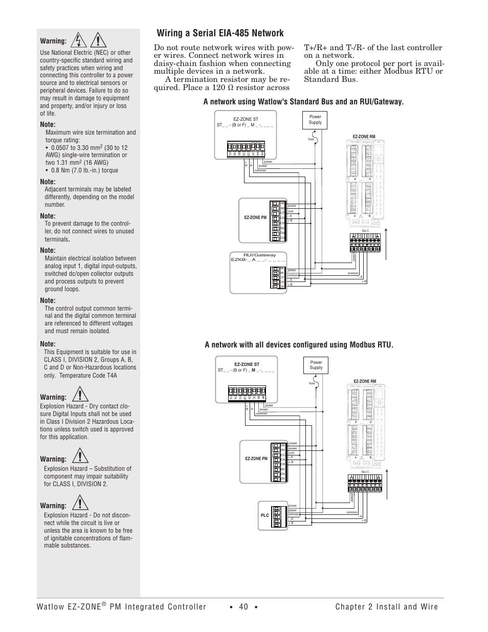 Wiring a serial eia-485 network, Watlow ez-zone, Pm integrated controller | Chapter 2 install and wire, Warning | Watlow EZ-ZONE PM Integrated Controller User Manual | Page 43 / 181