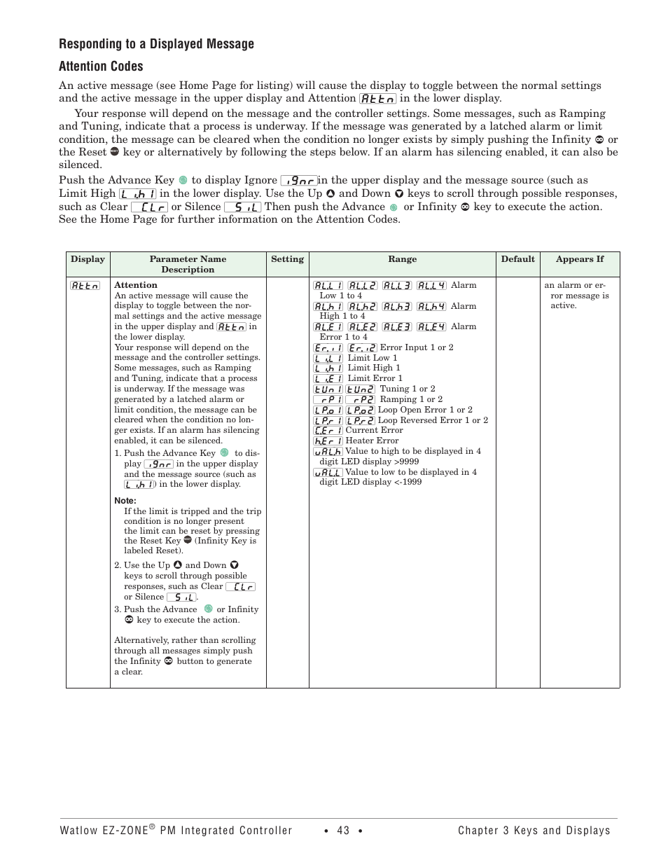 Attention codes, Responding to a displayed message attention codes | Watlow EZ-ZONE PM Integrated Controller User Manual | Page 46 / 181