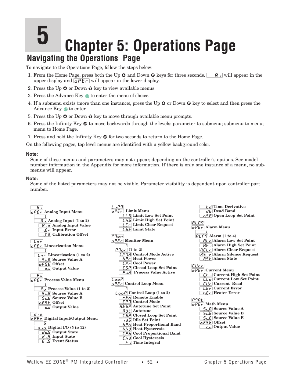 Operations, Chapter 5: operations page, Navigating the operations page | Watlow EZ-ZONE PM Integrated Controller User Manual | Page 55 / 181