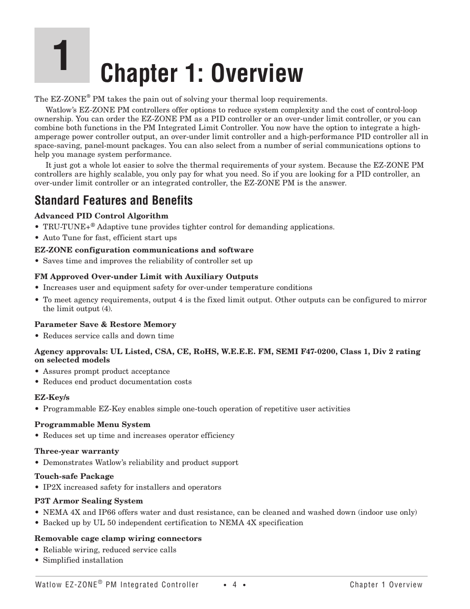 Chapter 1: overview, Standard features and benefits | Watlow EZ-ZONE PM Integrated Controller User Manual | Page 7 / 181
