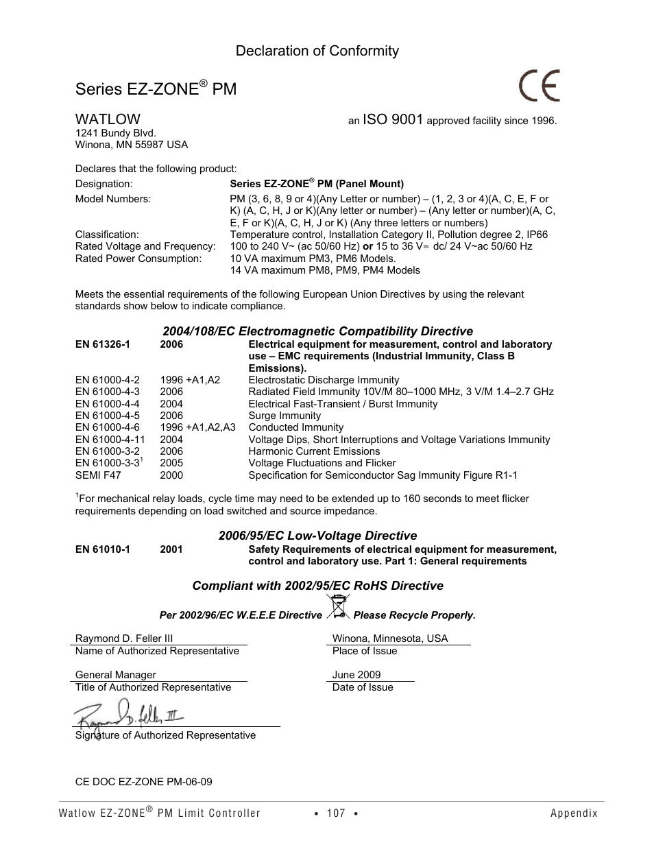Series ez-zone, Declaration of conformity, Watlow | Iso 9001 | Watlow EZ-ZONE PM User Manual | Page 110 / 111