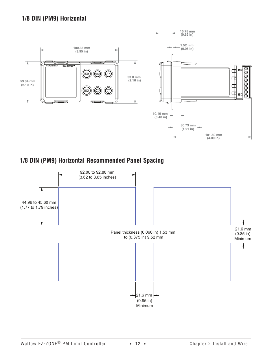 1/8 din (pm9) horizontal, 1/8 din (pm9) horizontal recommended panel spacing | Watlow EZ-ZONE PM User Manual | Page 15 / 111