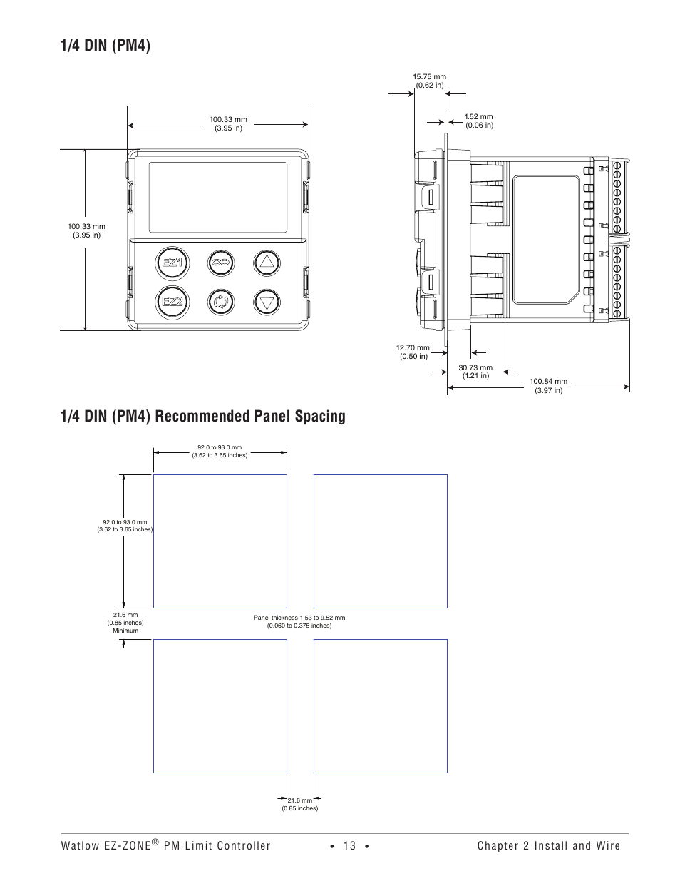 1/4 din (pm4), 1/4 din (pm4) recommended panel spacing, Watlow ez-zone | Pm limit controller, Chapter 2 install and wire | Watlow EZ-ZONE PM User Manual | Page 16 / 111