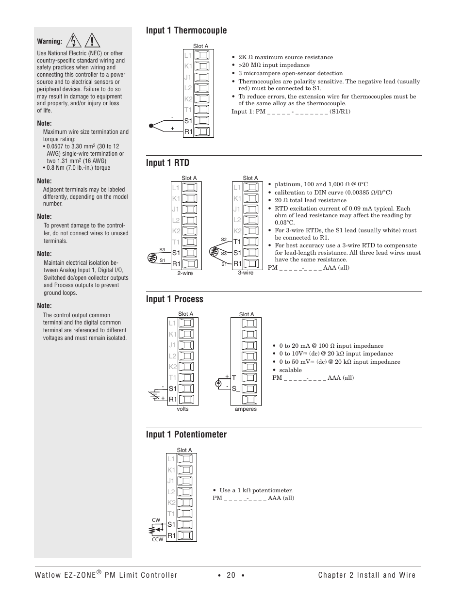 Input 1 thermocouple, Input 1 rtd, Input 1 process | Input 1 potentiometer | Watlow EZ-ZONE PM User Manual | Page 23 / 111