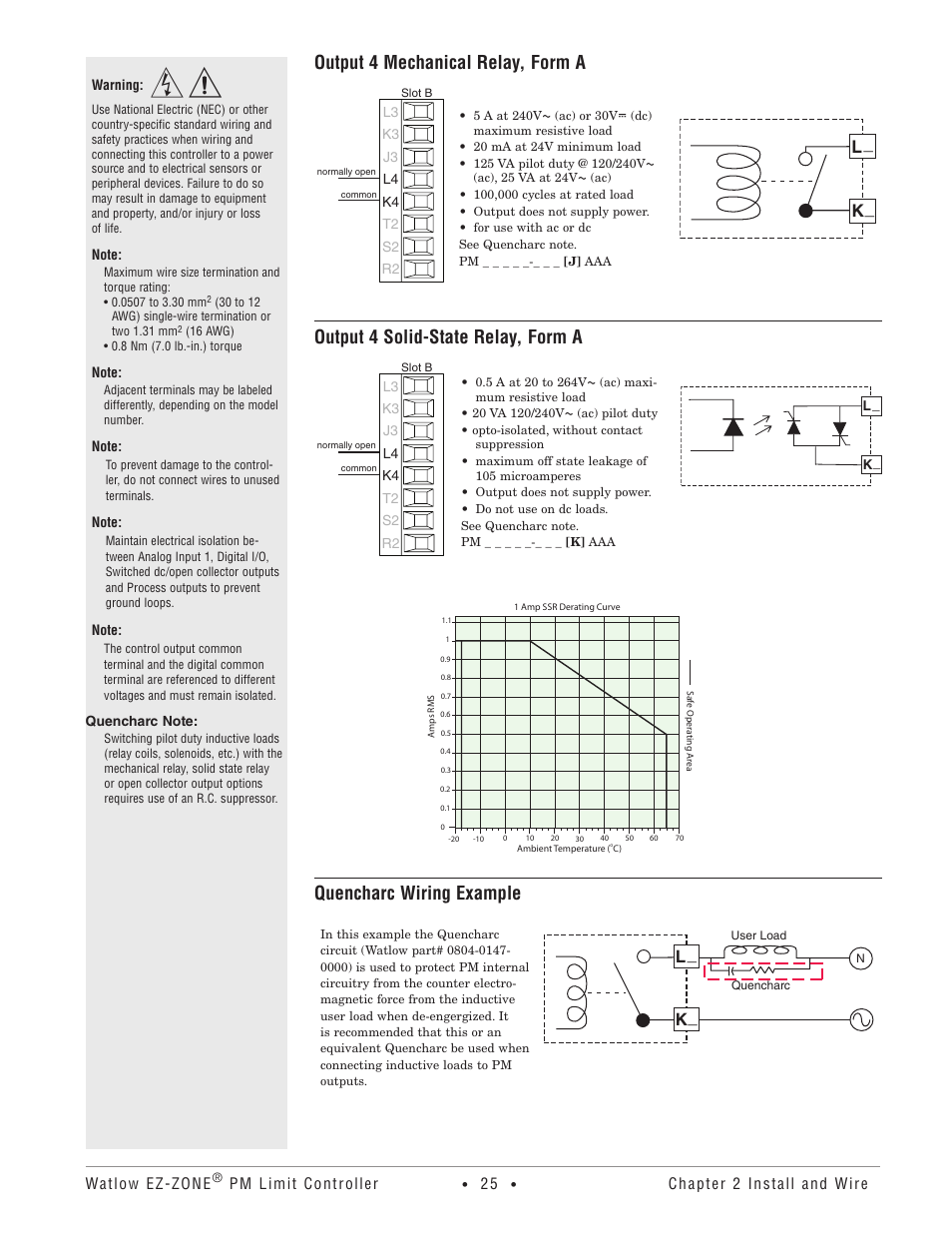 Output 4 mechanical relay, form a, Output 4 solid-state relay, form a, Quencharc wiring example | L_ k | Watlow EZ-ZONE PM User Manual | Page 28 / 111