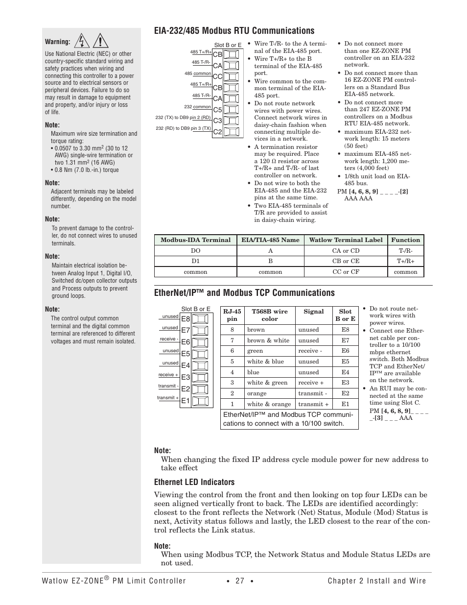 Ethernet/ip™ and modbus tcp communications, Ethernet led indicators | Watlow EZ-ZONE PM User Manual | Page 30 / 111