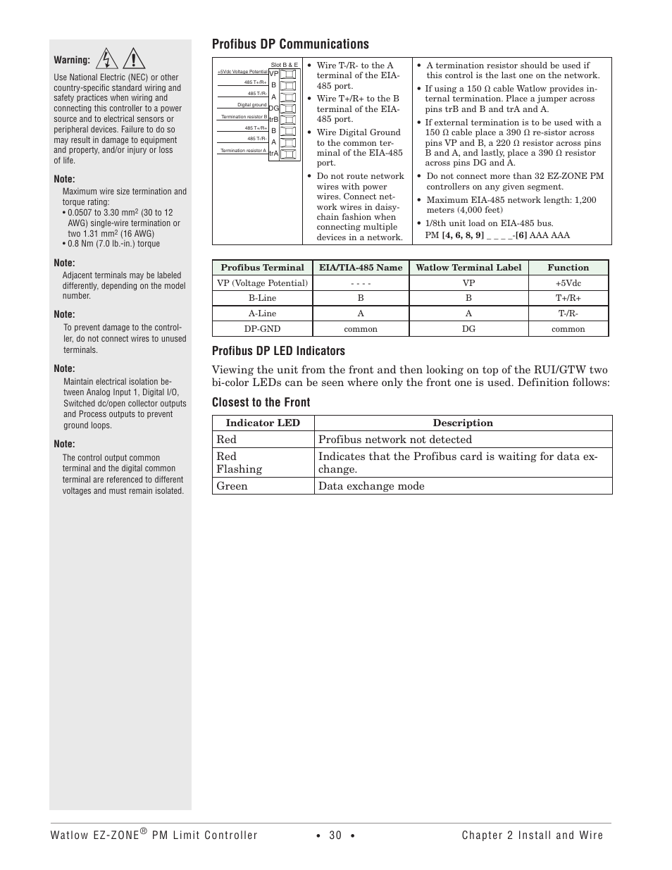 Profibus dp communications, Profibus dp led indicators, Closest to the front | Watlow EZ-ZONE PM User Manual | Page 33 / 111