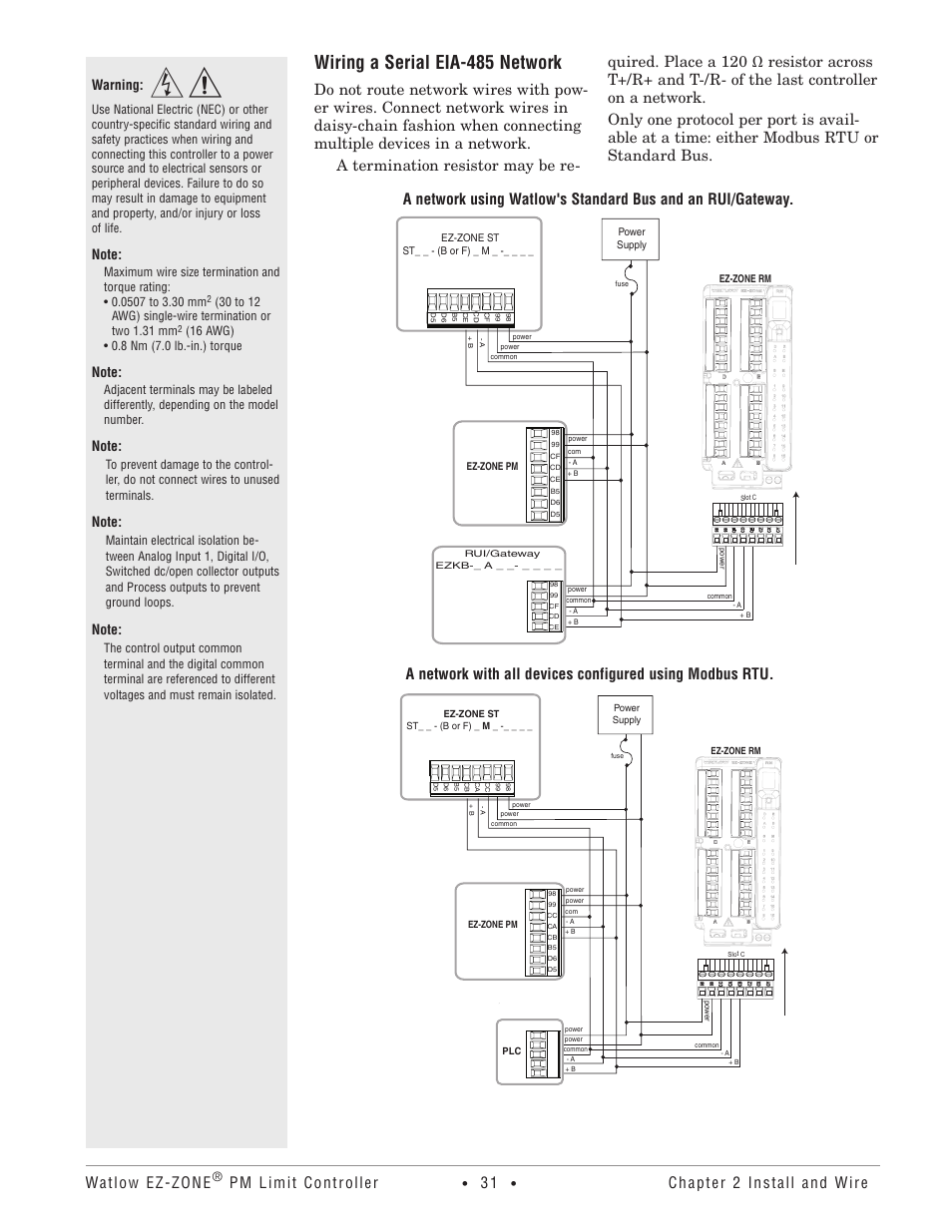 Wiring a serial eia-485 network, Watlow ez-zone, Pm limit controller | Chapter 2 install and wire, Warning | Watlow EZ-ZONE PM User Manual | Page 34 / 111