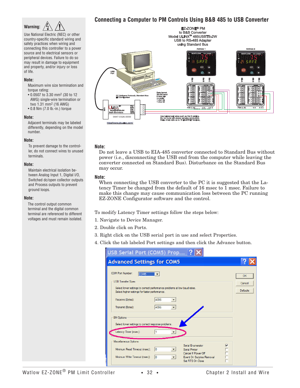 Watlow ez-zone, Pm limit controller, Chapter 2 install and wire | Warning, Uusb serial conversion, Ez-zone | Watlow EZ-ZONE PM User Manual | Page 35 / 111