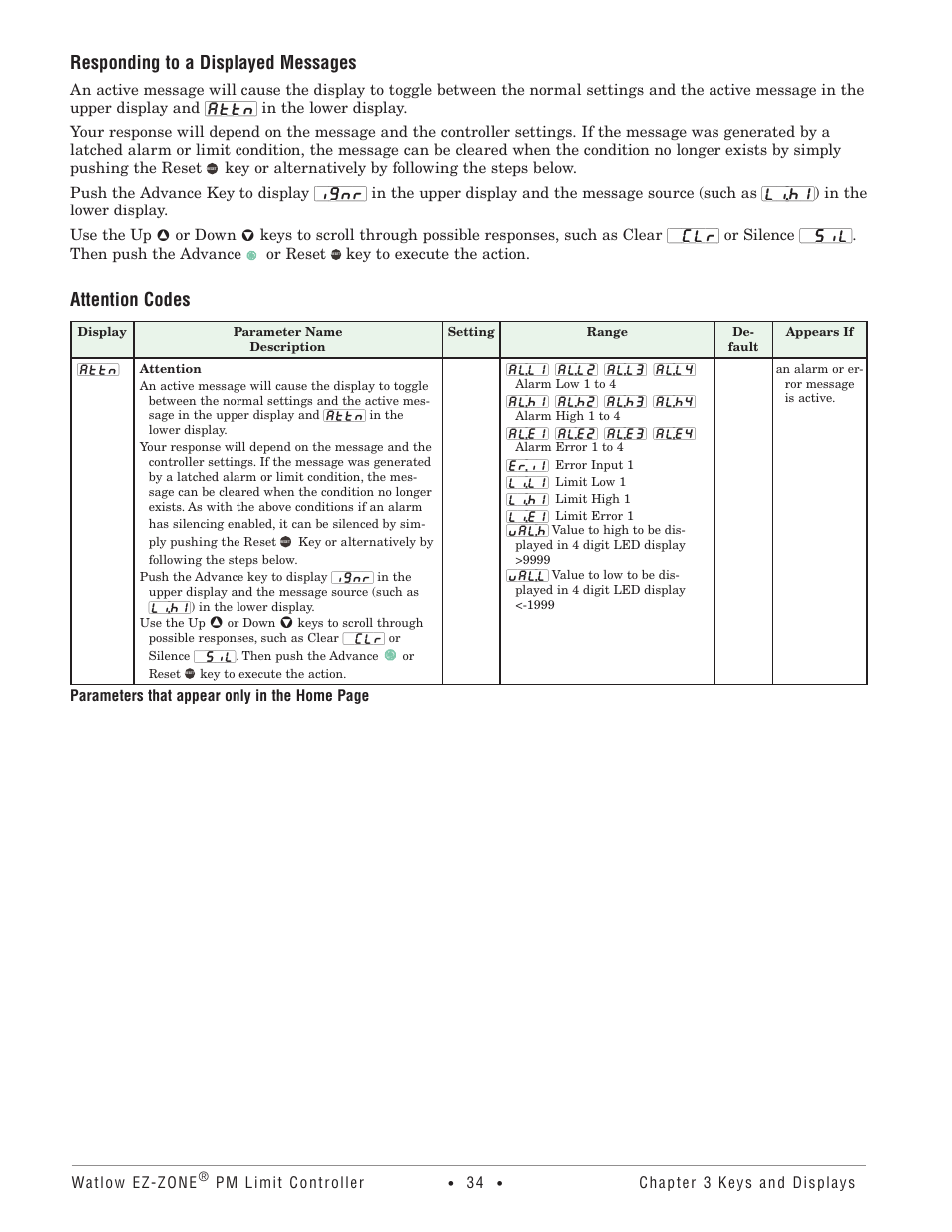 Responding to a displayed messages, Attention codes, Responding to a displayed messages attention codes | Watlow EZ-ZONE PM User Manual | Page 37 / 111