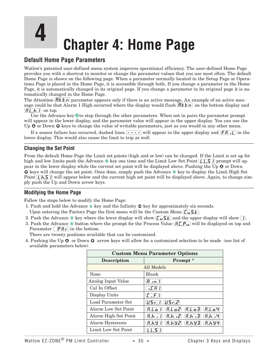 Chapter 4: home page, Default home page parameters | Watlow EZ-ZONE PM User Manual | Page 38 / 111