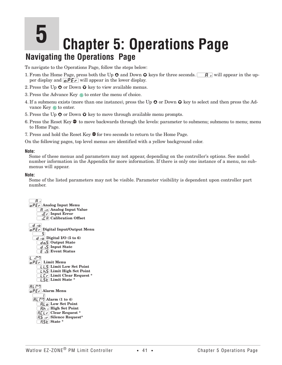 Chapter 5: operations page, Navigating the operations page | Watlow EZ-ZONE PM User Manual | Page 44 / 111