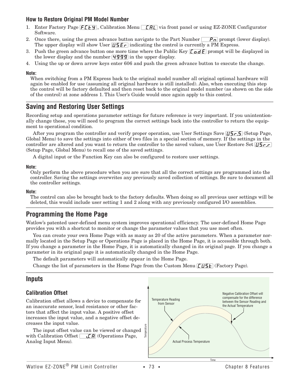 Saving and restoring user settings, Inputs, How to restore original pm model number | Calibration offset, Programming the home page | Watlow EZ-ZONE PM User Manual | Page 76 / 111