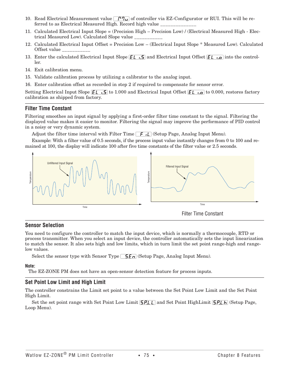 Filter time constant, Sensor selection, Set point low limit and high limit | Watlow EZ-ZONE PM User Manual | Page 78 / 111