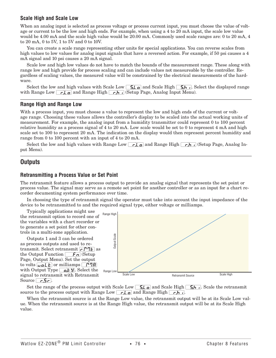 Outputs, Scale high and scale low, Range high and range low | Retransmitting a process value or set point | Watlow EZ-ZONE PM User Manual | Page 79 / 111