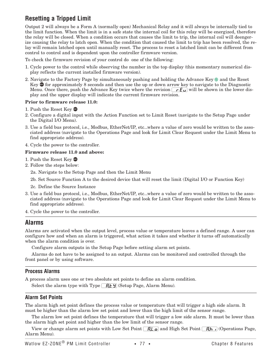 Resetting a tripped limit, Alarms, Resetting a tripped limit alarms | Process alarms, Alarm set points | Watlow EZ-ZONE PM User Manual | Page 80 / 111