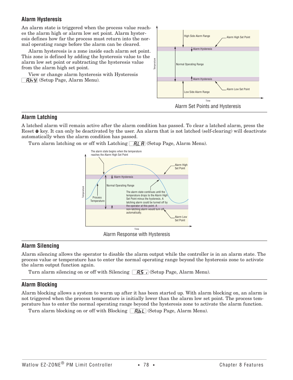 Alarm hysteresis, Alarm latching, Alarm silencing | Alarm blocking, Alarm response with hysteresis, Alarm set points and hysteresis | Watlow EZ-ZONE PM User Manual | Page 81 / 111