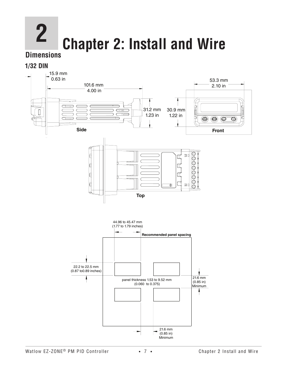 Chapter 2: install and wire, Dimensions, 1/32 din | Watlow EZ-ZONE PM PID User Manual | Page 10 / 125