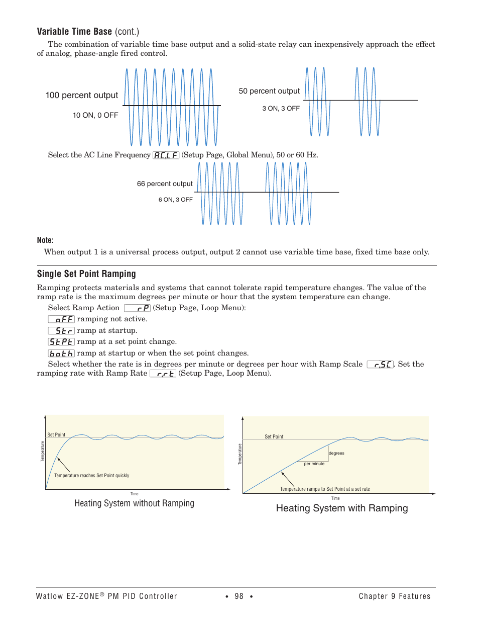 Single set point ramping, Heating system with ramping, Variable time base (cont.) | Heating system without ramping, 100 percent output | Watlow EZ-ZONE PM PID User Manual | Page 101 / 125