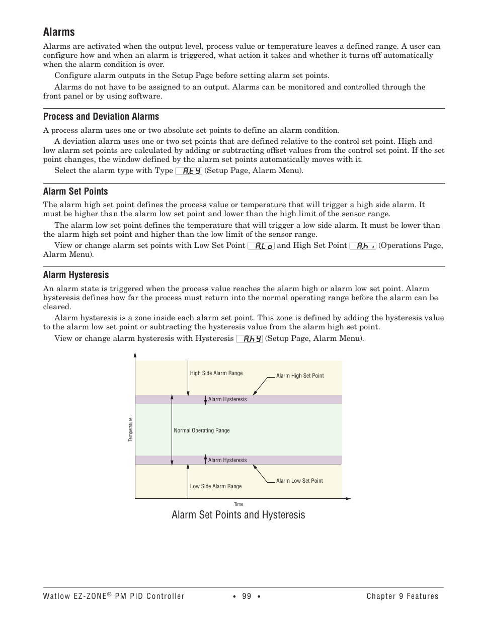 Alarms, Process and deviation alarms, Alarm set points | Alarm hysteresis, Alarm set points and hysteresis | Watlow EZ-ZONE PM PID User Manual | Page 102 / 125