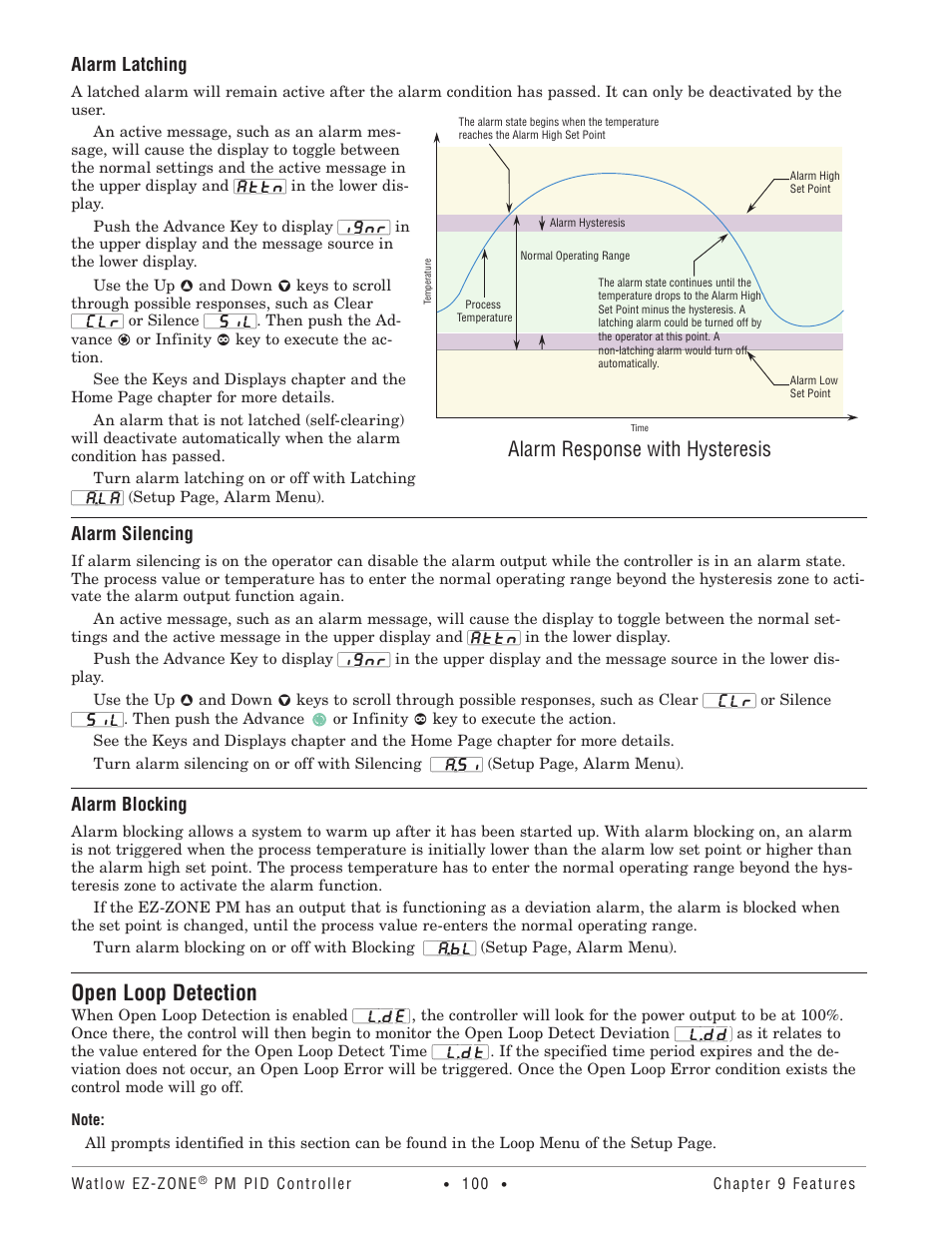 Open loop detection, Alarm silencing, Alarm blocking | Alarm response with hysteresis, Alarm latching | Watlow EZ-ZONE PM PID User Manual | Page 103 / 125