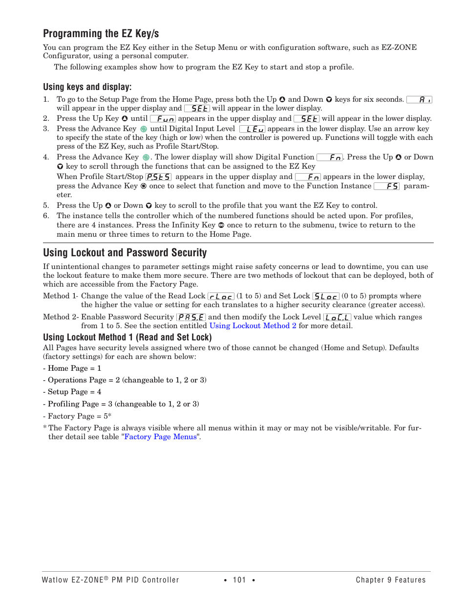 Programming the ez key/s, Using lockout and password security, Using lockout method 1 (read and set lock) | Watlow EZ-ZONE PM PID User Manual | Page 104 / 125