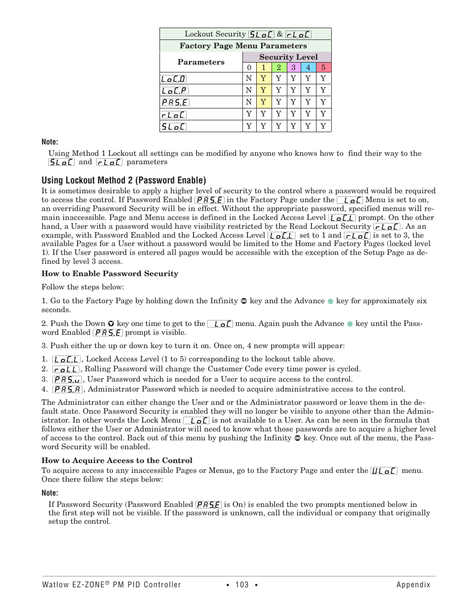 Using lockout method 2 (password enable), Using lockout method 2 | Watlow EZ-ZONE PM PID User Manual | Page 106 / 125