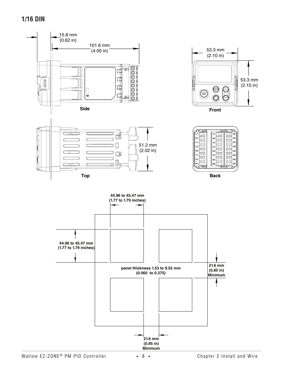 1/16 din, Watlow ez-zone, Pm pid controller | Chapter 2 install and wire | Watlow EZ-ZONE PM PID User Manual | Page 11 / 125