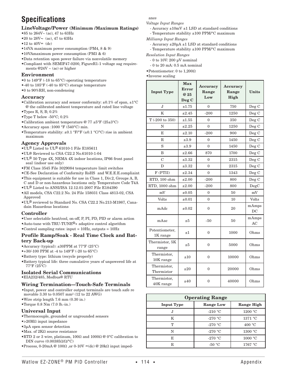 Specifications | Watlow EZ-ZONE PM PID User Manual | Page 117 / 125