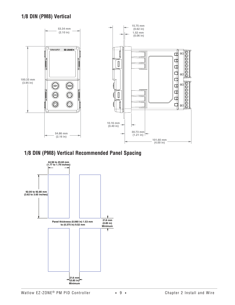 1/8 din (pm8) vertical, 1/8 din (pm8) vertical recommended panel spacing | Watlow EZ-ZONE PM PID User Manual | Page 12 / 125