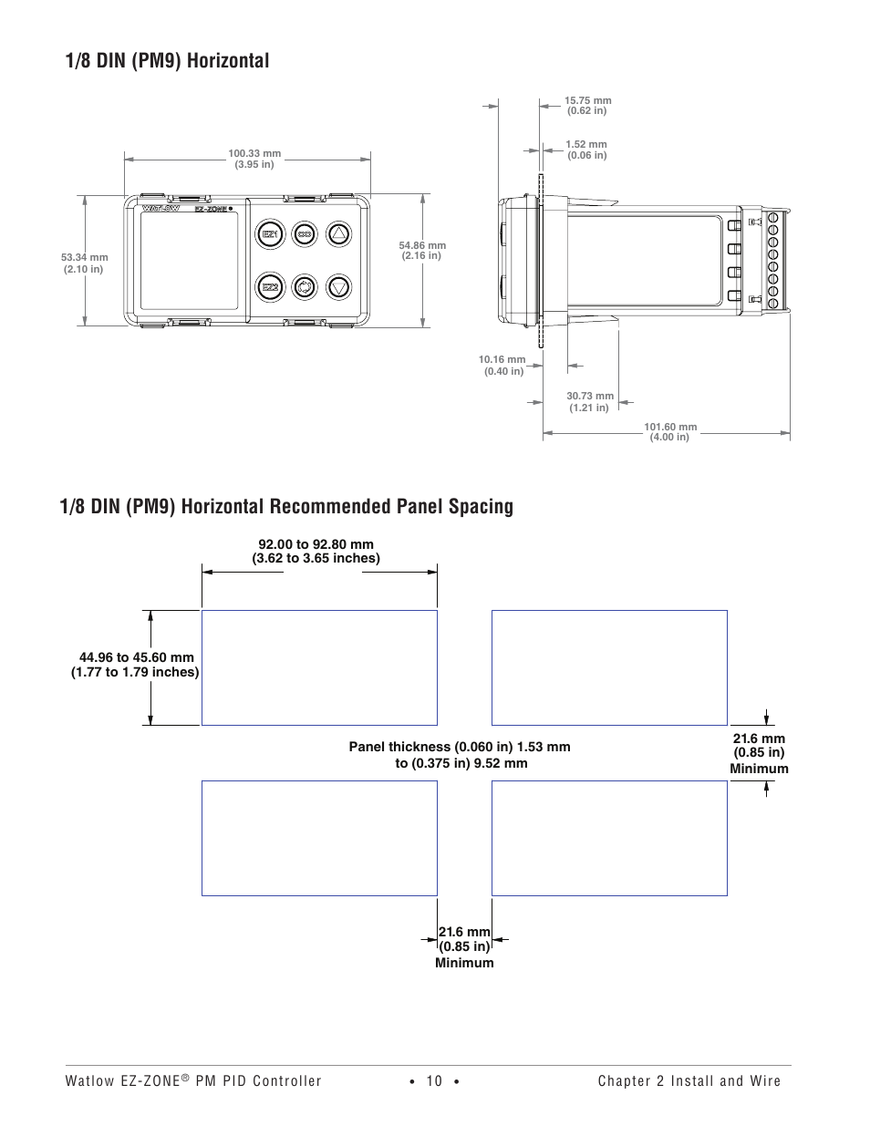 1/8 din (pm9) horizontal, 1/8 din (pm9) horizontal recommended panel spacing | Watlow EZ-ZONE PM PID User Manual | Page 13 / 125