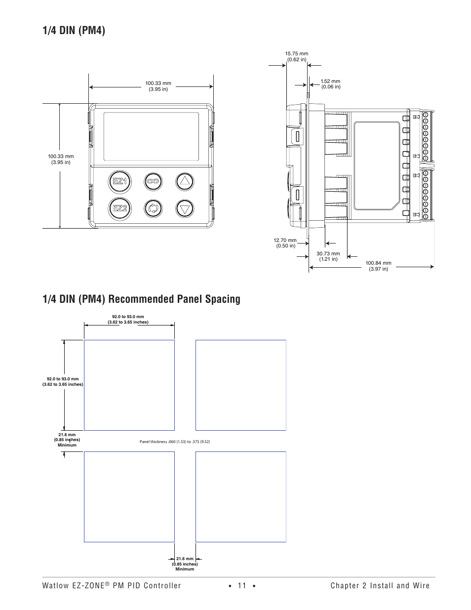 1/4 din (pm4), 1/4 din (pm4) recommended panel spacing, Watlow ez-zone | Pm pid controller, Chapter 2 install and wire | Watlow EZ-ZONE PM PID User Manual | Page 14 / 125