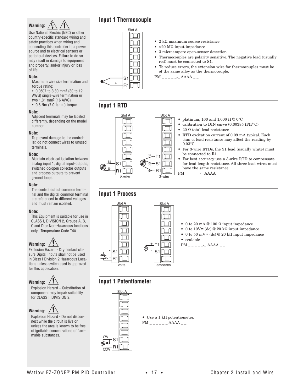 Input 1 thermocouple, Input 1 rtd, Input 1 process | Input 1 potentiometer | Watlow EZ-ZONE PM PID User Manual | Page 20 / 125