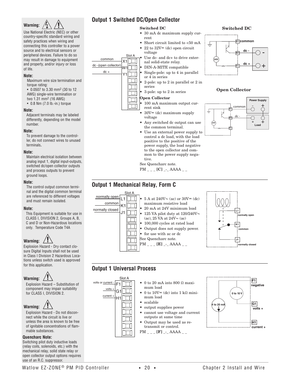 Output 1 switched dc/open collector, Output 1 mechanical relay, form c, Output 1 universal process | Watlow EZ-ZONE PM PID User Manual | Page 23 / 125