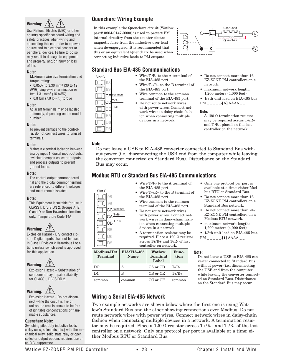 Quencharc wiring example, Standard bus eia-485 communications, Modbus rtu or standard bus eia-485 communications | Wiring a serial eia-485 network | Watlow EZ-ZONE PM PID User Manual | Page 26 / 125