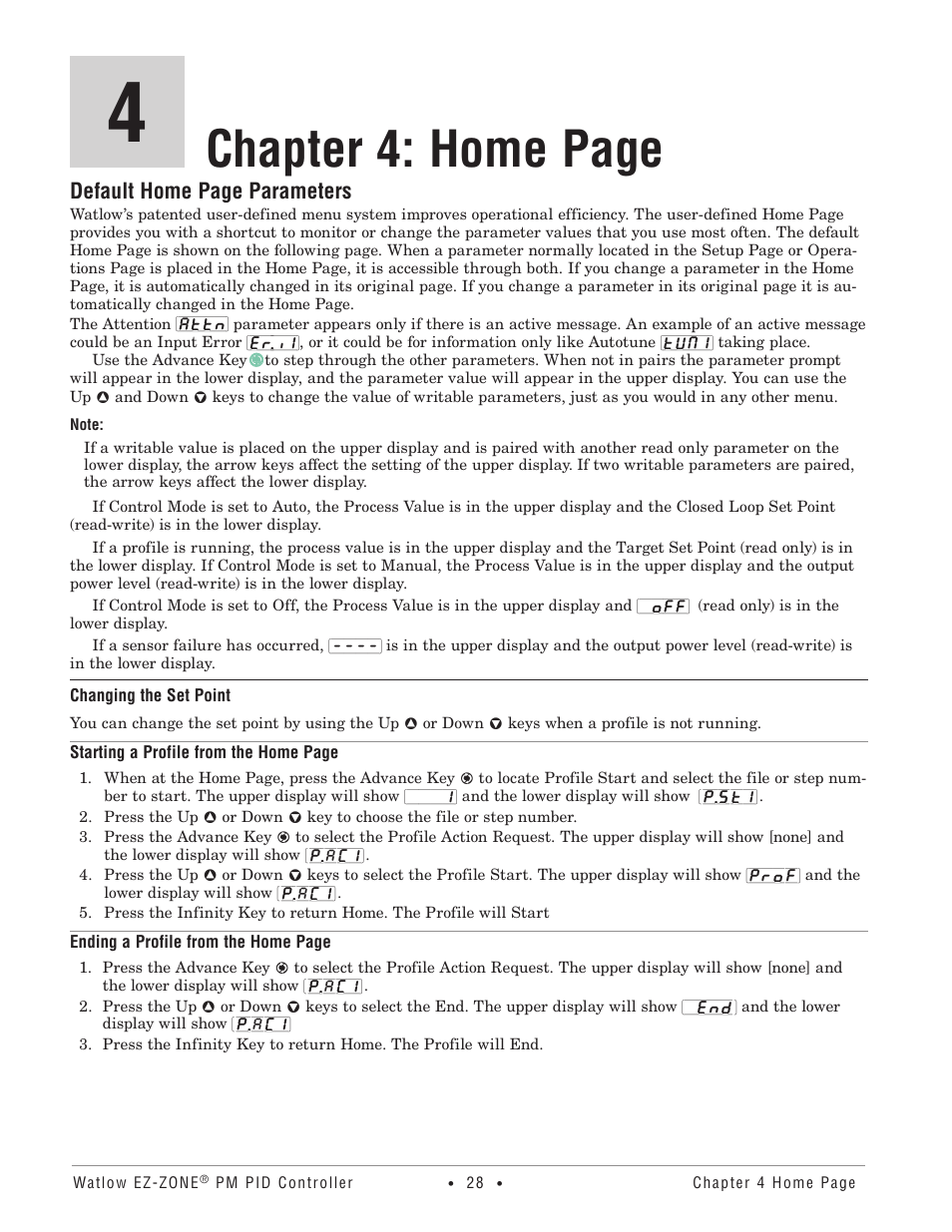 Chapter 4: home page, Default home page parameters | Watlow EZ-ZONE PM PID User Manual | Page 31 / 125