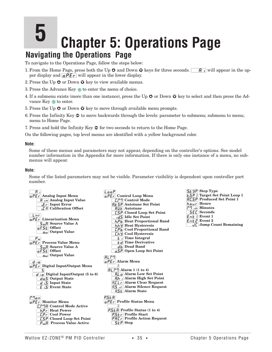 Chapter 5: operations page, Navigating the operations page | Watlow EZ-ZONE PM PID User Manual | Page 38 / 125