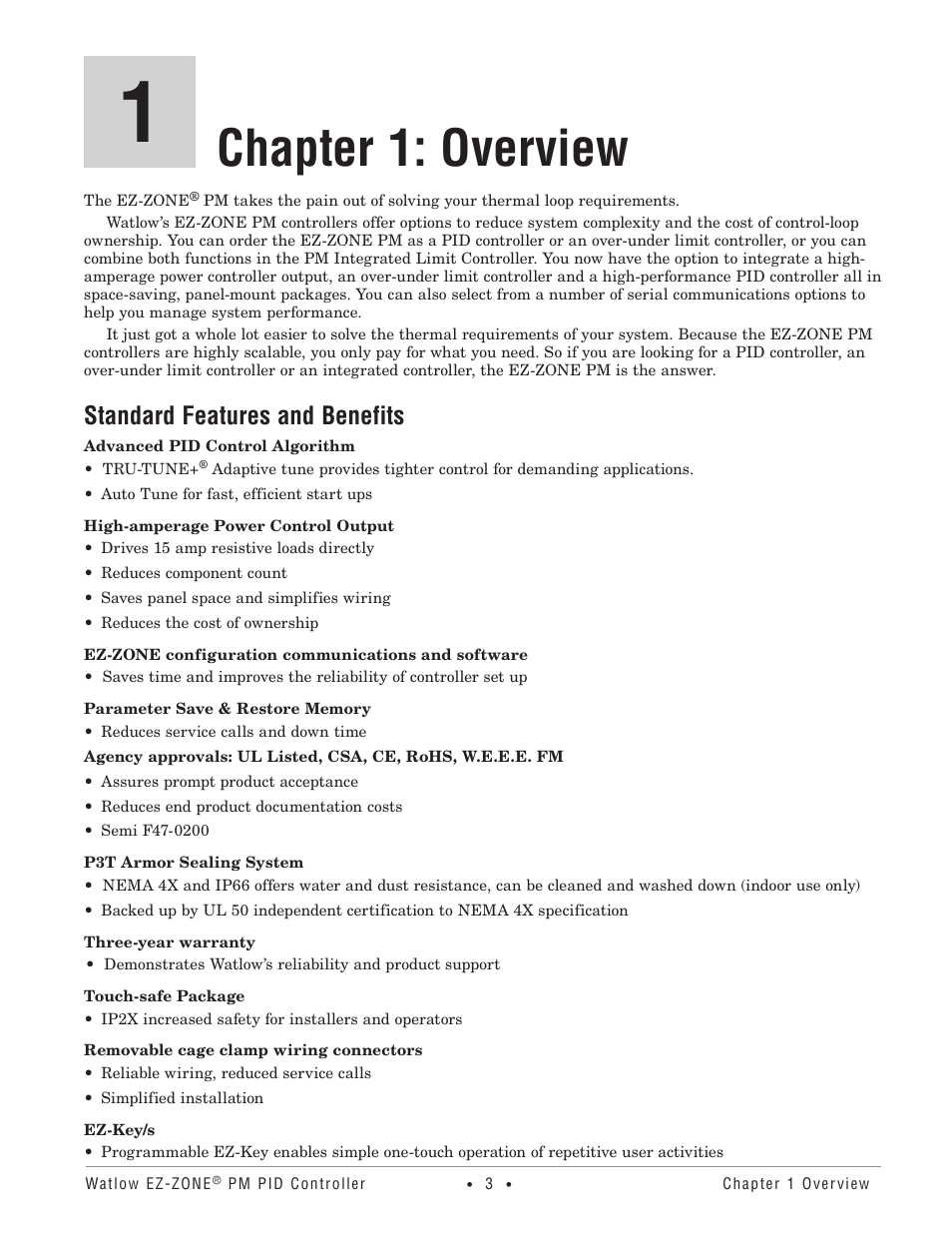 Chapter 1: overview, Standard features and benefits | Watlow EZ-ZONE PM PID User Manual | Page 6 / 125