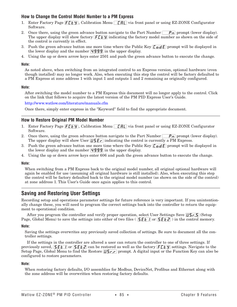 Saving and restoring user settings, How to restore original pm model number | Watlow EZ-ZONE PM PID User Manual | Page 88 / 125