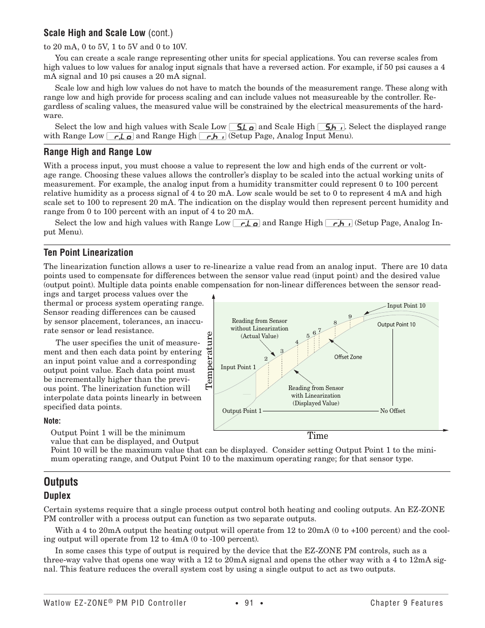 Outputs, Range high and range low, Ten point linearization | Duplex, Time, Scale high and scale low (cont.) | Watlow EZ-ZONE PM PID User Manual | Page 94 / 125