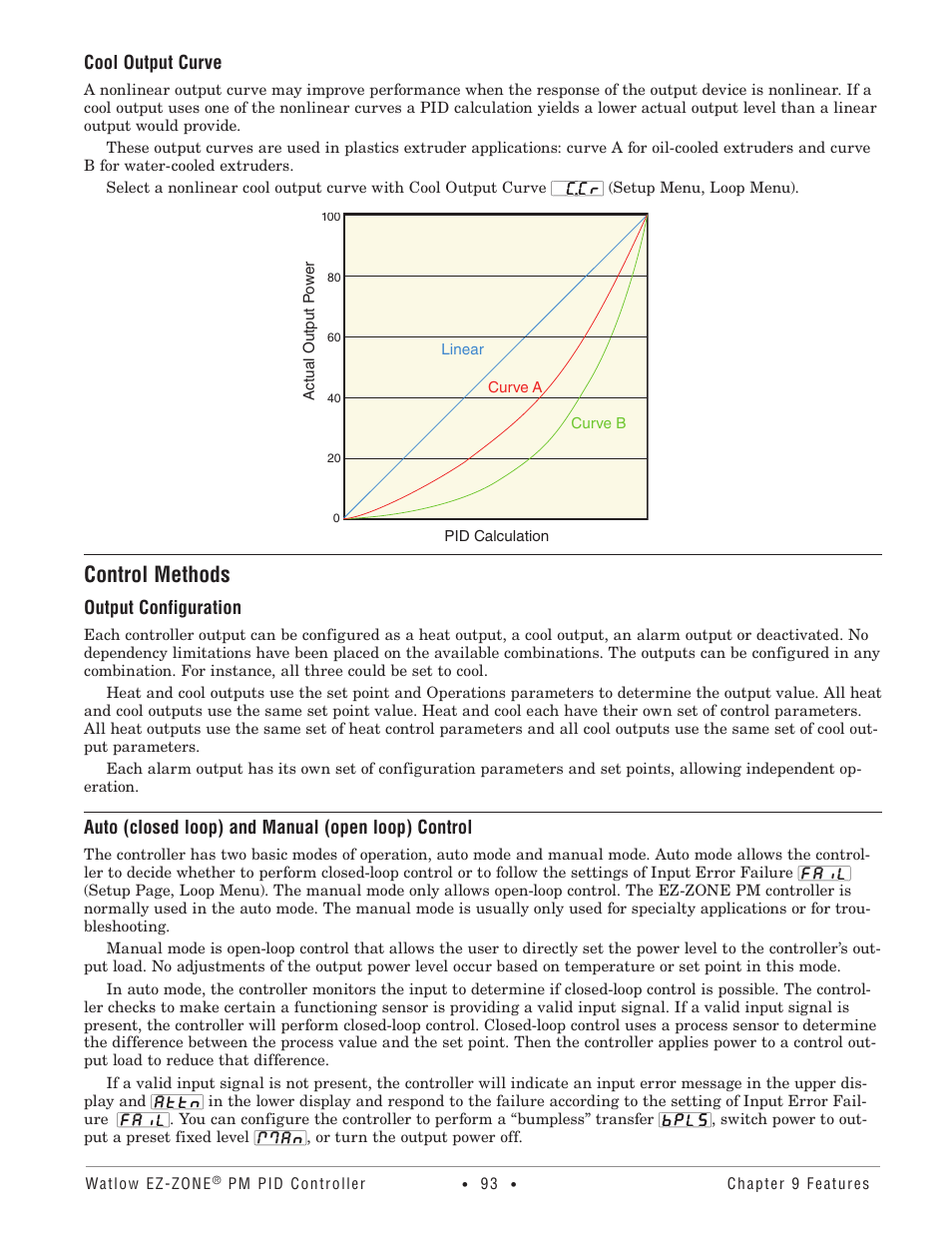 Control methods, Cool output curve, Output configuration | Auto (closed loop) and manual (open loop) control | Watlow EZ-ZONE PM PID User Manual | Page 96 / 125