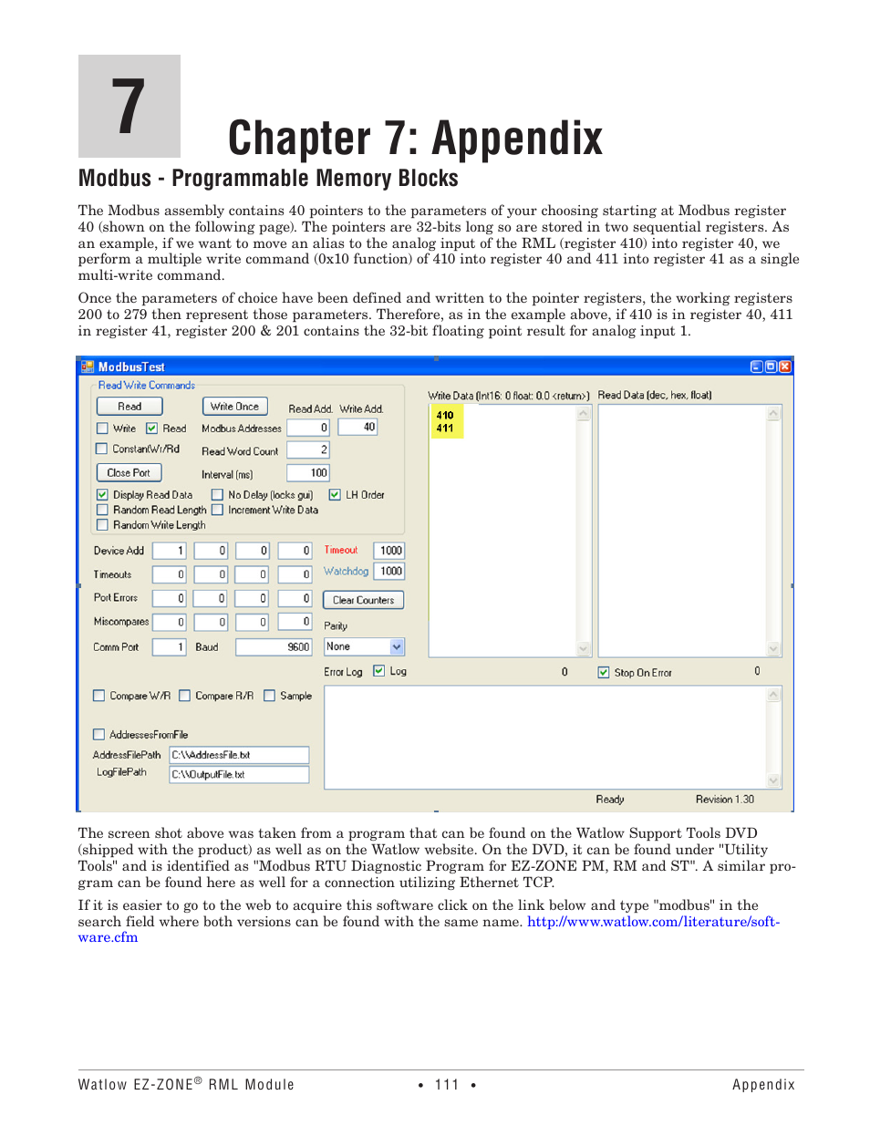 Chapter 7: appendix, Modbus - programmable memory blocks, Bus programmable memory blocks | Modbus programmable, Memory blocks | Watlow EZ-ZONE RM Limit Module Rev C User Manual | Page 114 / 127