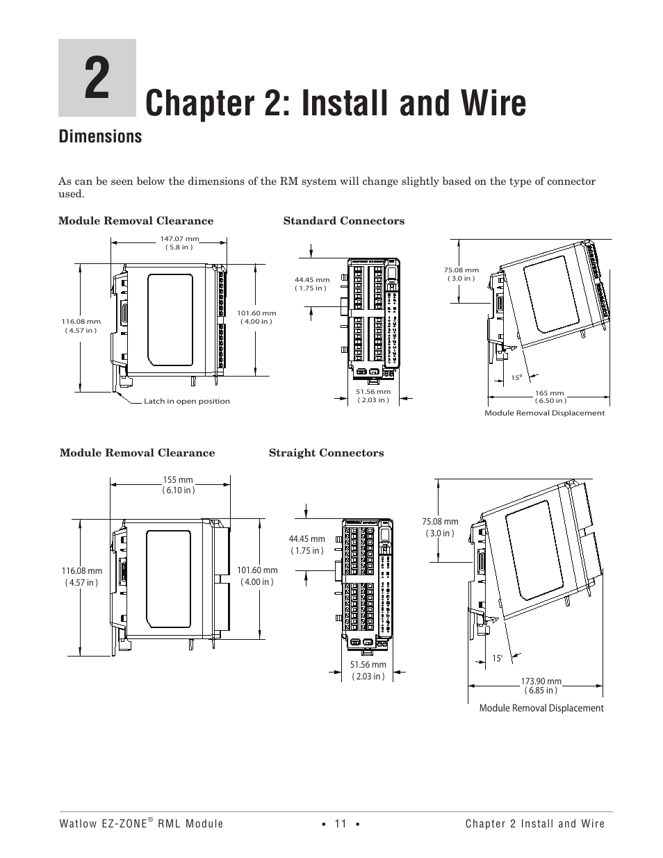 Dimensions, Chapter 2: install and wire | Watlow EZ-ZONE RM Limit Module Rev C User Manual | Page 14 / 127