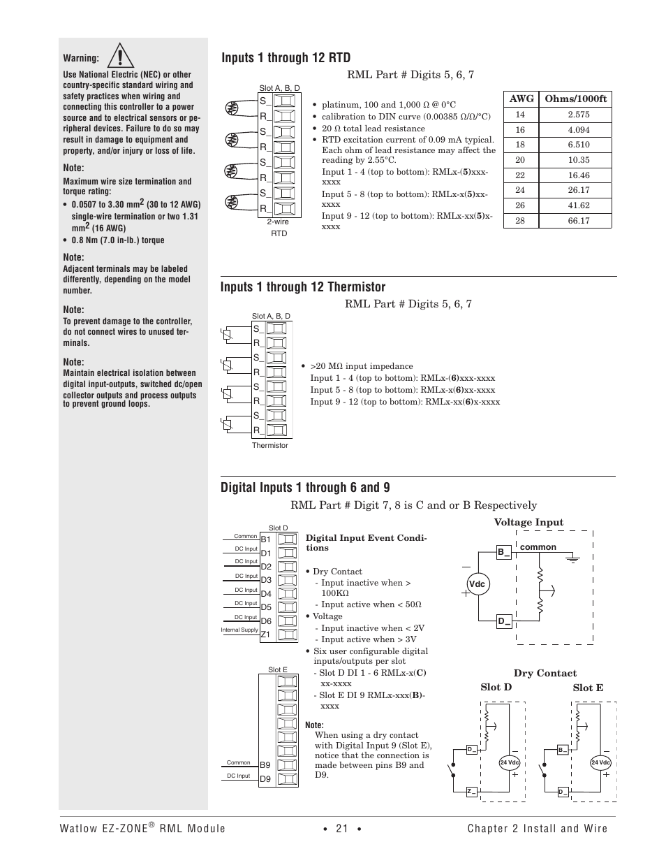 Inputs 1 through 12 thermistor, Inputs 1 through 12 rtd, Digital inputs 1 through 6 and 9 | Watlow EZ-ZONE RM Limit Module Rev C User Manual | Page 24 / 127