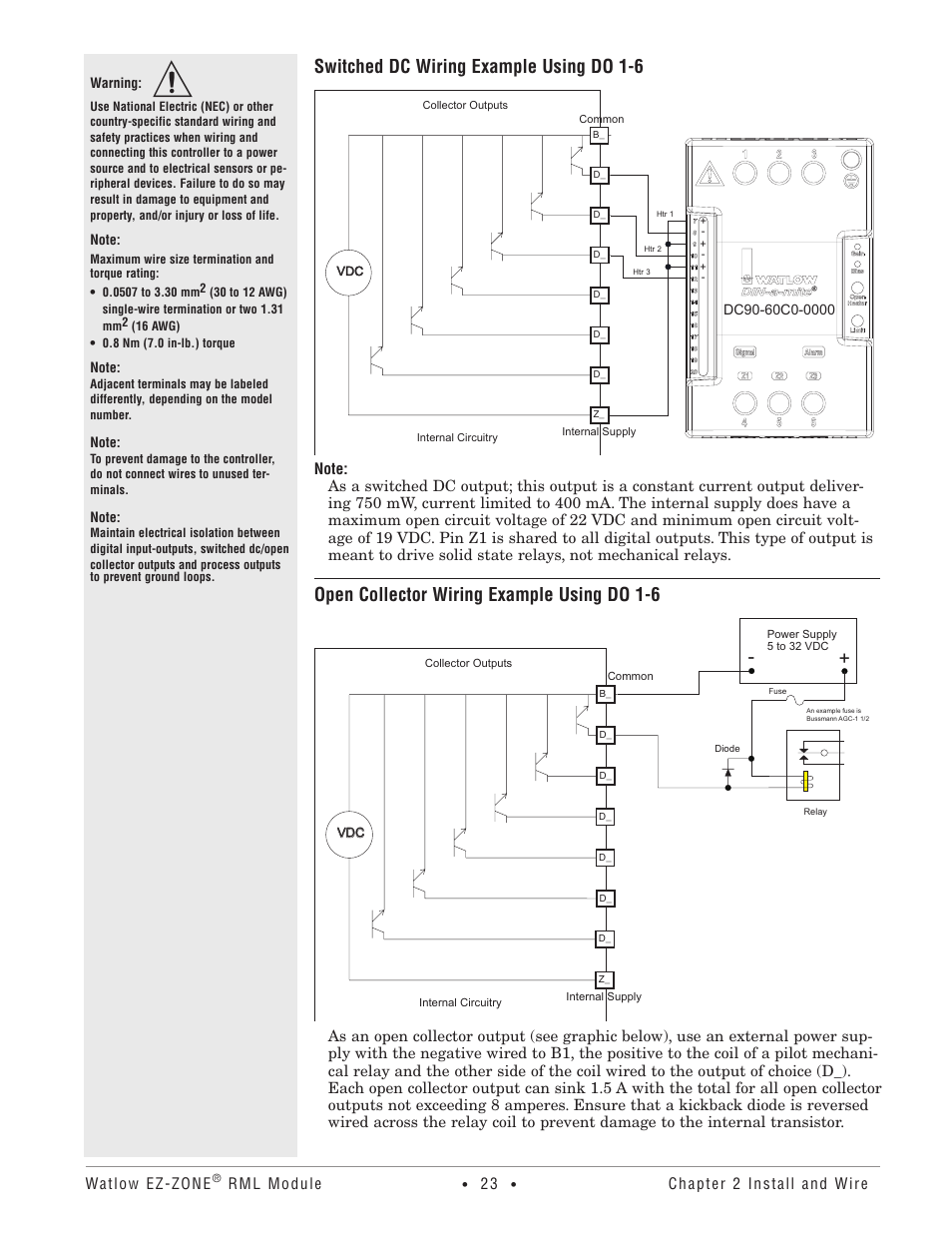 Switched dc wiring example using do 1-6, Open collector wiring example using do 1-6 | Watlow EZ-ZONE RM Limit Module Rev C User Manual | Page 26 / 127