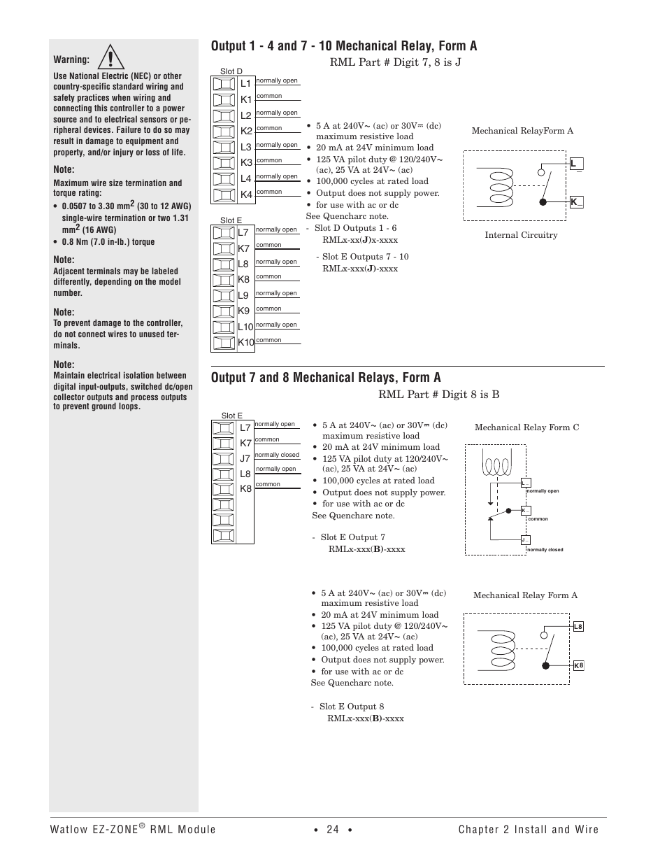 Output 7 and 8 mechanical relays, form a | Watlow EZ-ZONE RM Limit Module Rev C User Manual | Page 27 / 127