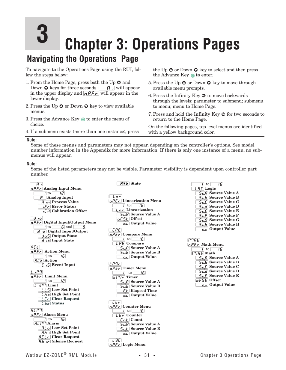 Chapter 3: operations pages, Navigating the operations page | Watlow EZ-ZONE RM Limit Module Rev C User Manual | Page 34 / 127