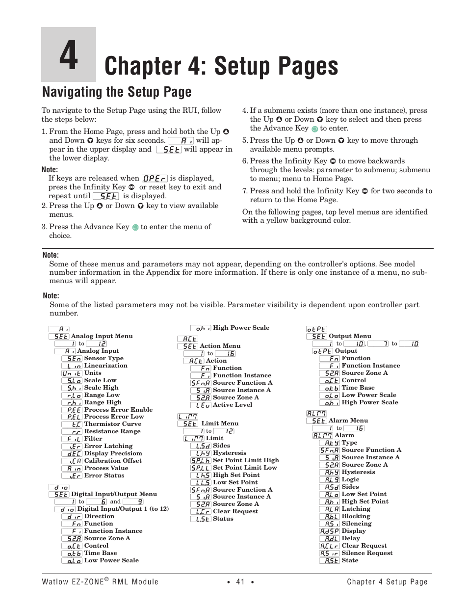 Chapter 4: setup pages, Navigating the setup page | Watlow EZ-ZONE RM Limit Module Rev C User Manual | Page 44 / 127