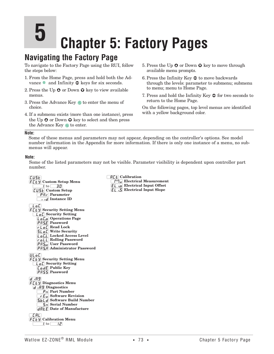 Factory, Chapter 5: factory pages, Navigating the factory page | Watlow EZ-ZONE RM Limit Module Rev C User Manual | Page 76 / 127