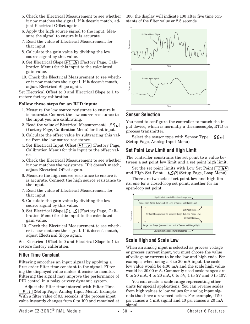 Filter time constant, Sensor selection, Set point low limit and high limit | Scale high and scale low | Watlow EZ-ZONE RM Limit Module Rev C User Manual | Page 83 / 127